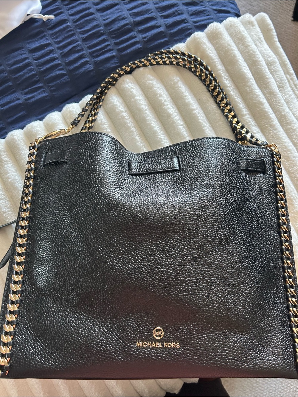 30% off Michael Kors Black Pebbled Leather Shoulder Bag with Gold Chain Strap